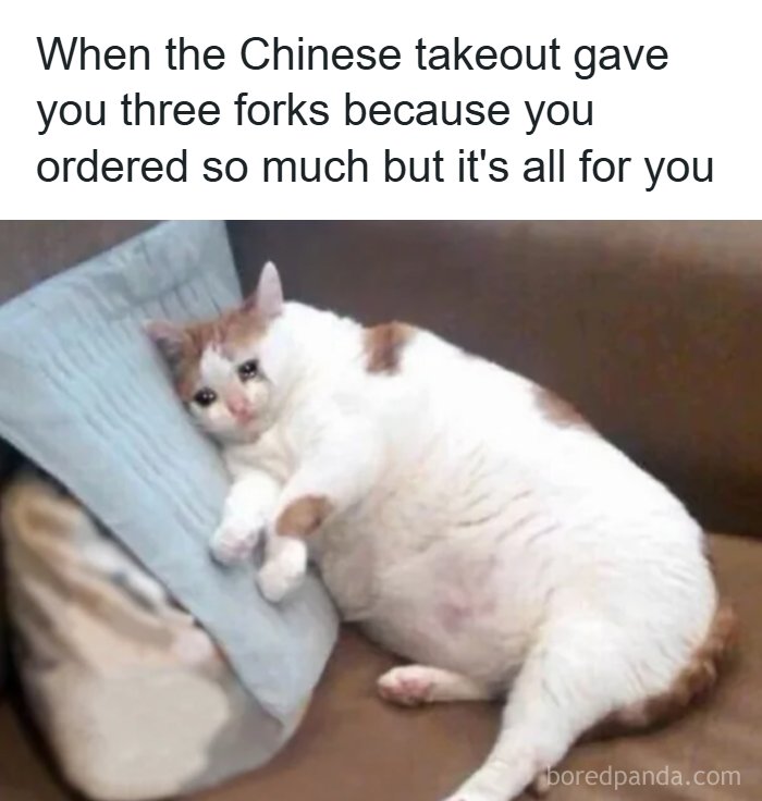 A crying cat meme about Chinese takeout and having an inner goblin laugh.