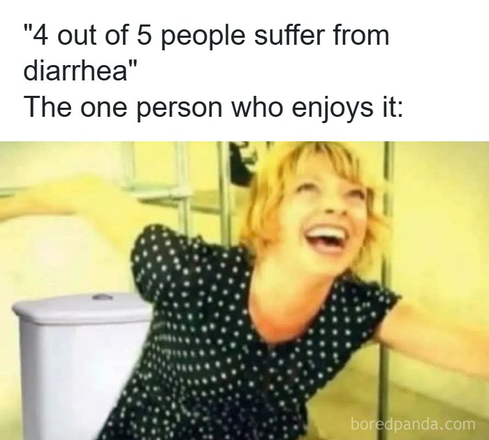 A woman joyfully throwing her arms out in front of a toilet, making an unhinged meme about forbidden dumplings.