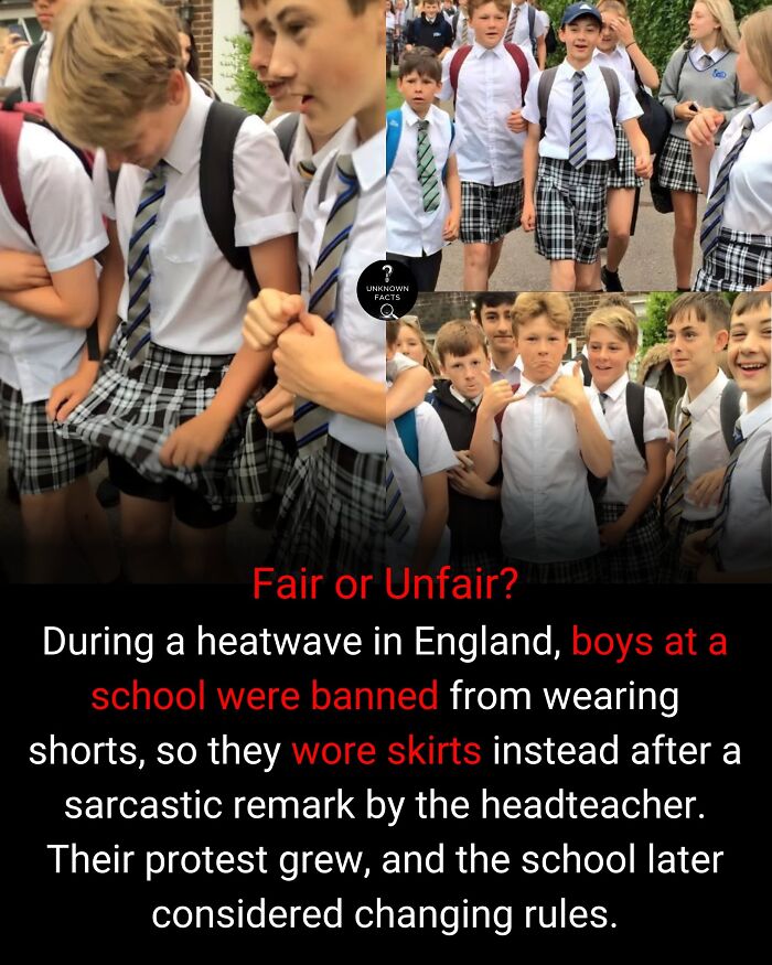 Boys wearing skirts as part of a protest against uniform rules during a heatwave, revealing interesting facts.