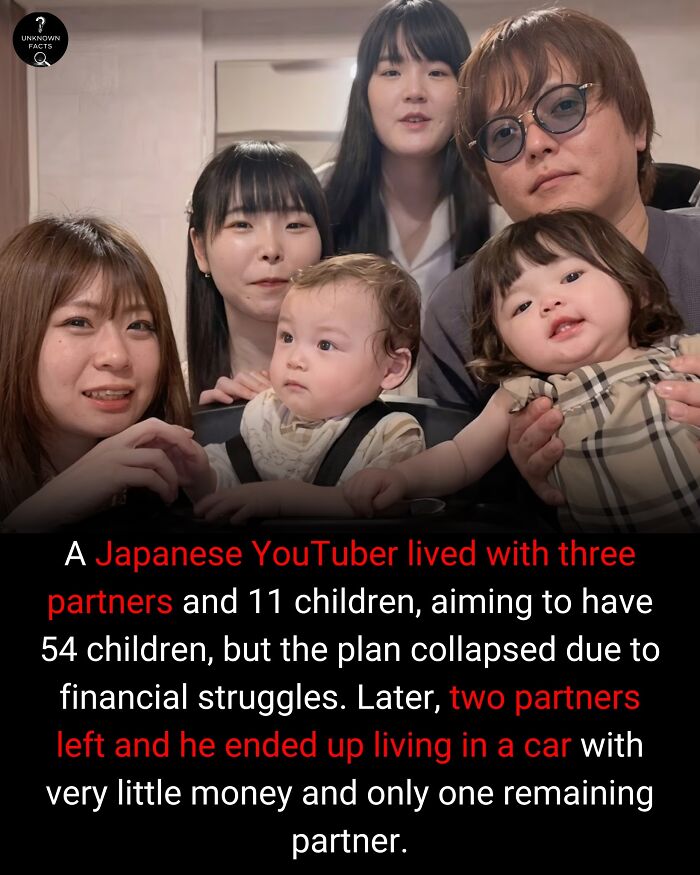 A Japanese YouTuber, his partners, and children in a family photo, highlighting surprisingly interesting facts.