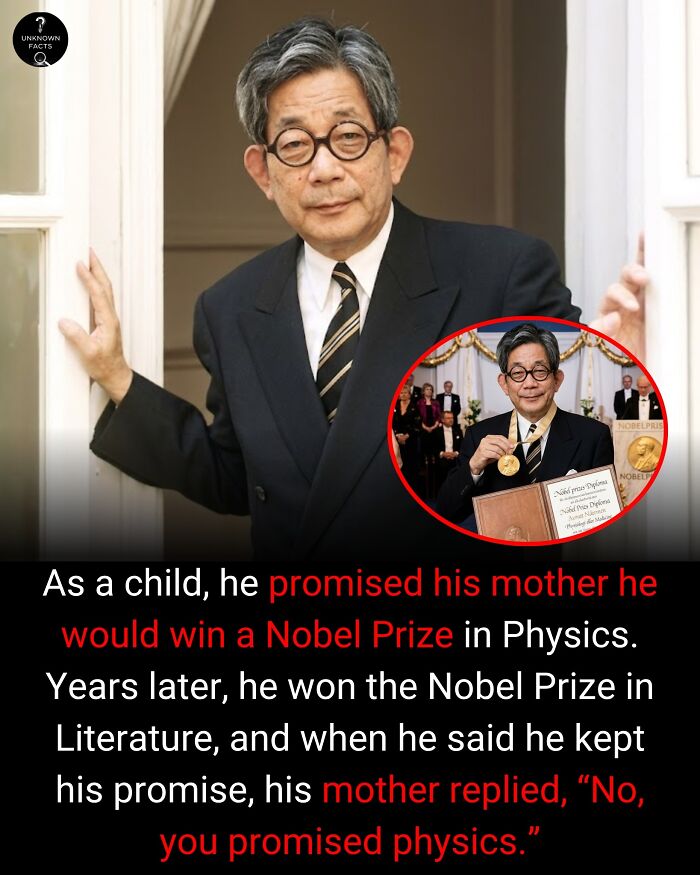 A Nobel Prize winner, wearing round glasses and a suit, with an interesting fact about his mother's promise.