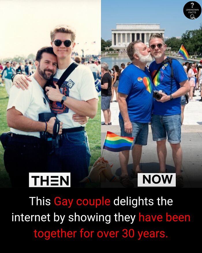 A then-and-now photo of a gay couple, showing their journey over 30 years, highlighting interesting facts and stories.