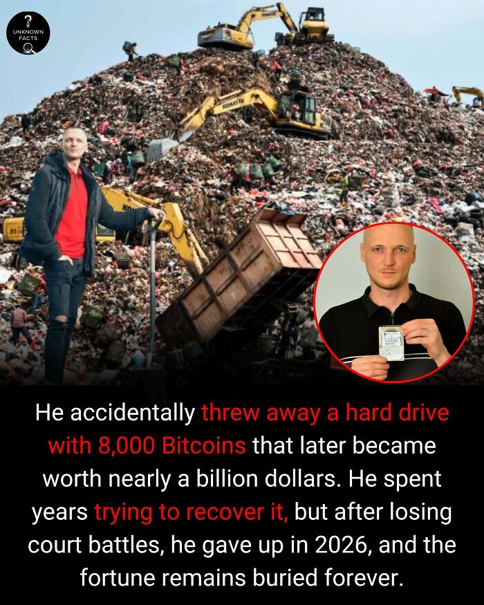 Man stands before a massive landfill, excavators working above him, an interesting fact about accidentally lost Bitcoin.