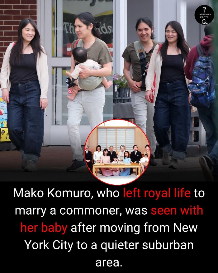 Mako Komuro with husband and baby, a surprising fact after her royal life. Features a small inset family photo.