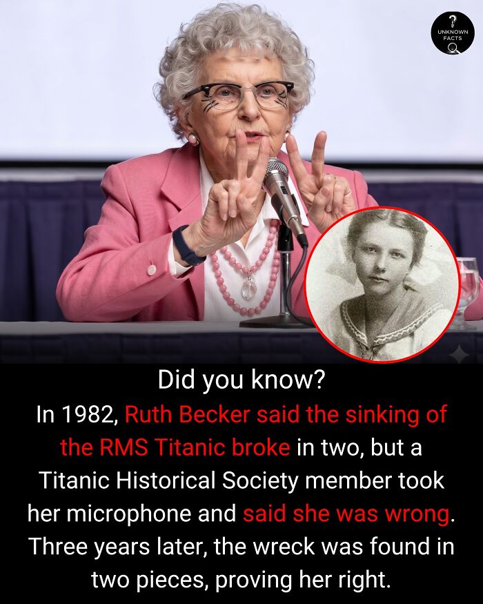 An older woman, Ruth Becker, making a peace sign at a microphone, sharing interesting facts about the Titanic.