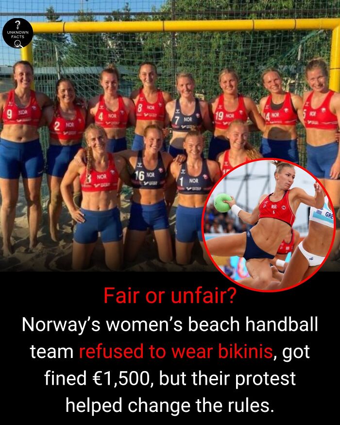 Interesting facts: Norway's women's beach handball team in red tops and blue shorts, with an inset of a player in action.