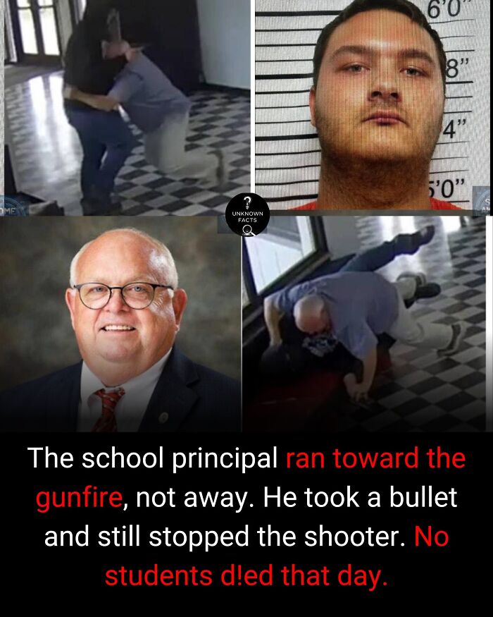 Images showing a school principal stopping a shooter, his mugshot, and a portrait of the principal. Truly interesting facts.