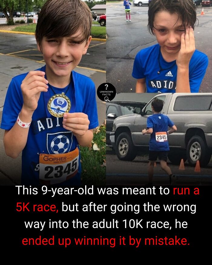 A young boy in a blue shirt with a race bib, holding a medal, next to interesting facts about his accidental 10K win.