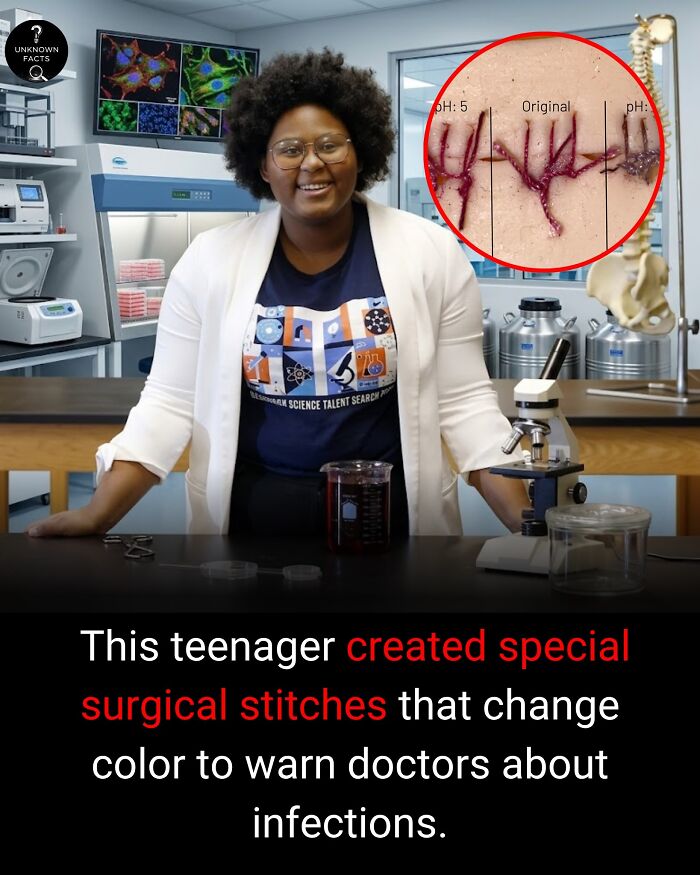 A smiling teen in a lab coat and glasses, showcasing innovative color-changing surgical stitches. Interesting facts.