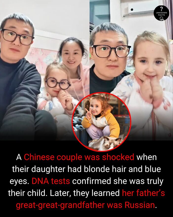 A Chinese family with a blonde, blue-eyed child, an interesting fact revealing their Russian ancestry.
