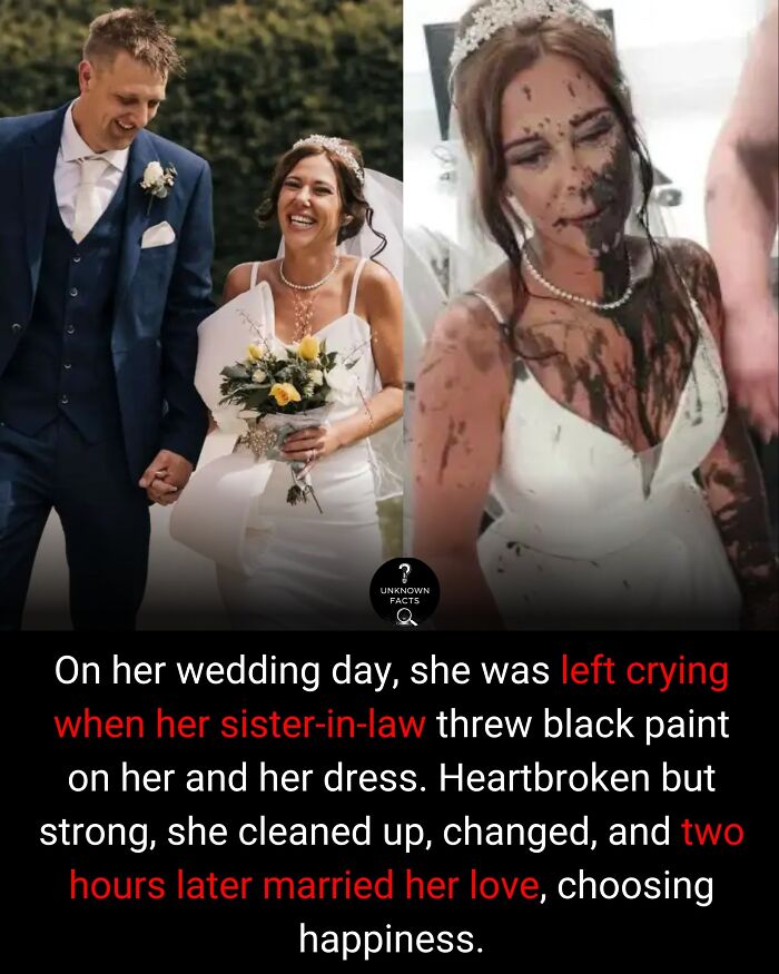 A bride smiling with her groom and then covered in black paint, an interesting fact about a wedding day drama.
