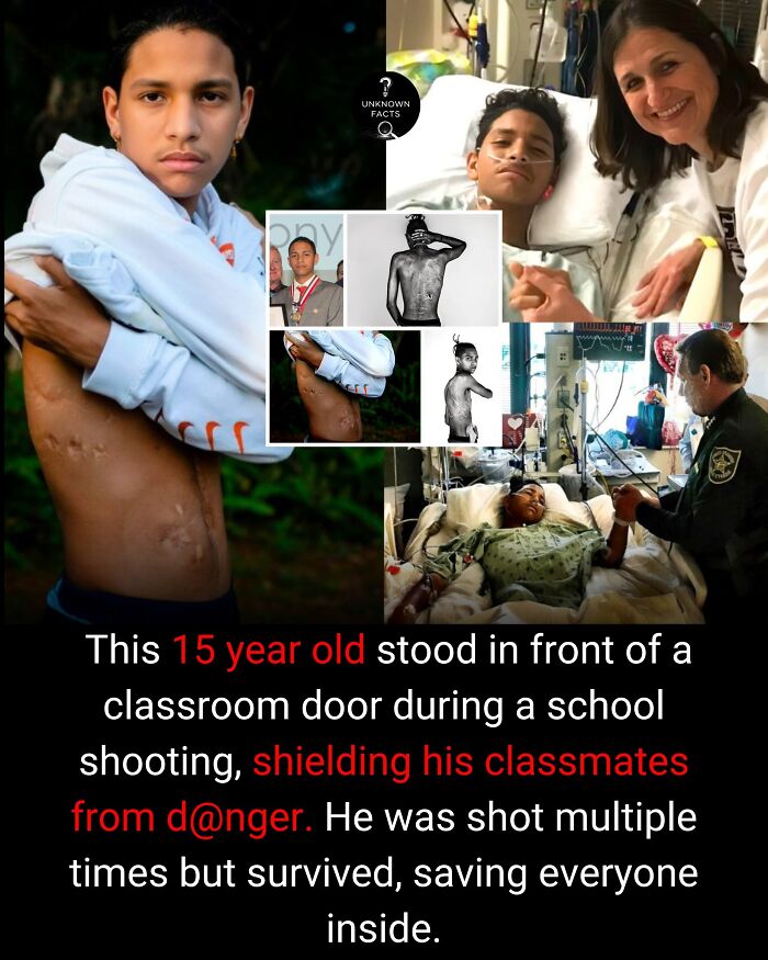 A collage showing a 15-year-old school shooting hero with scars, in the hospital, and receiving an award—an interesting fact.