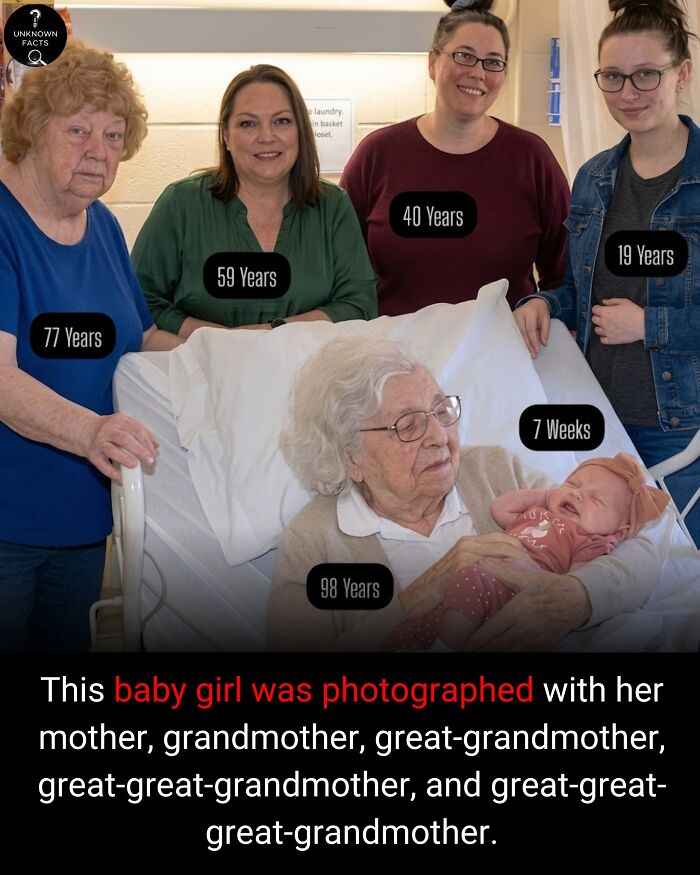 An interesting fact: six generations of women, from a 7-week-old baby to her 98-year-old great-great-great-grandmother.