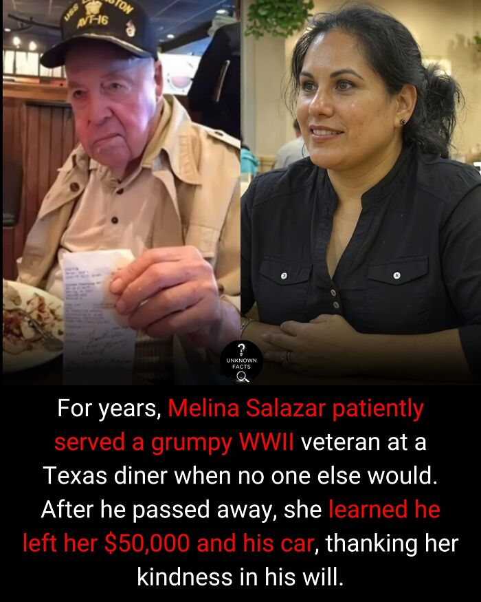 An interesting fact: Melina Salazar, a waitress, inherited $50,000 and a car from a WWII veteran she served.