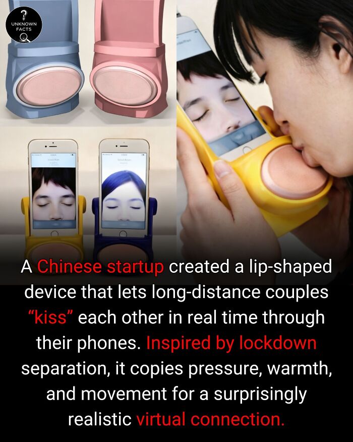 A woman kisses a phone attached to a lip-shaped device. Surprisingly interesting facts about tech.