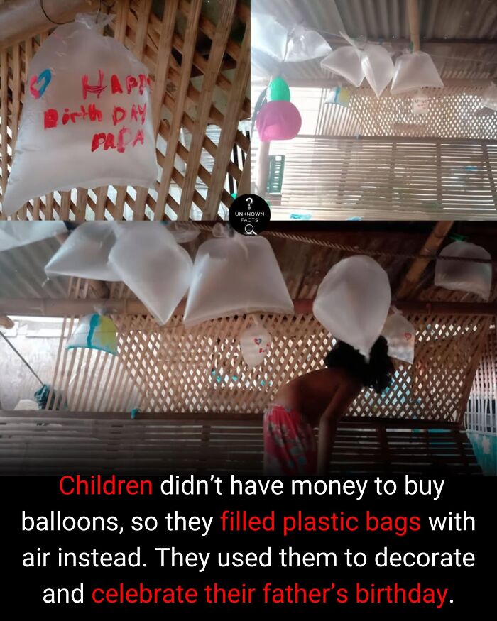 Children use plastic bags as balloons for a father's birthday, an interesting fact demonstrating resourcefulness.