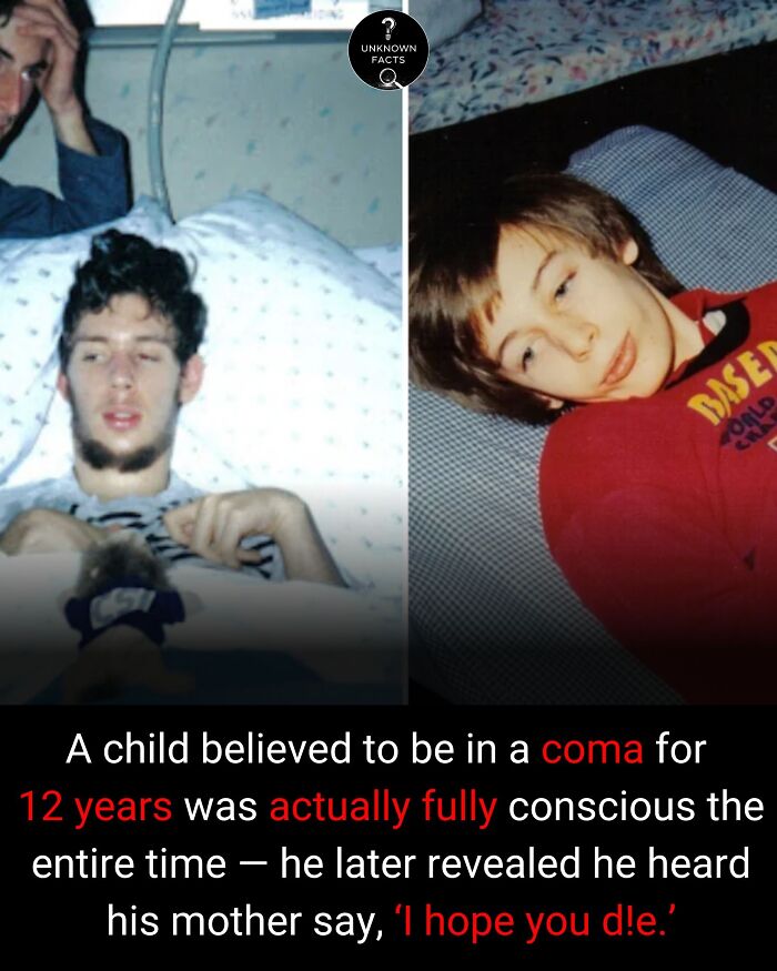 Two images of a young man, appearing unconscious and then as a child, revealing interesting facts about a coma.