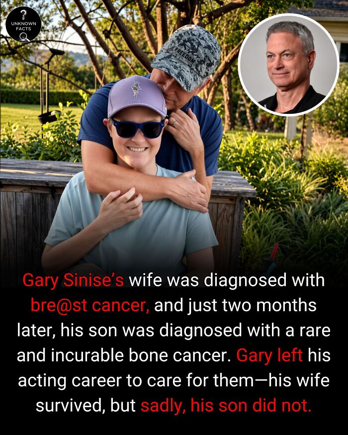 Gary Sinise kissing a person wearing a cap and sunglasses, with his portrait nearby. Interesting facts about his family.