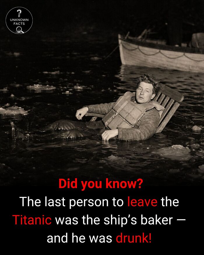 A man in a life vest and a chair floating in icy water, a surprising interesting fact about the Titanic.