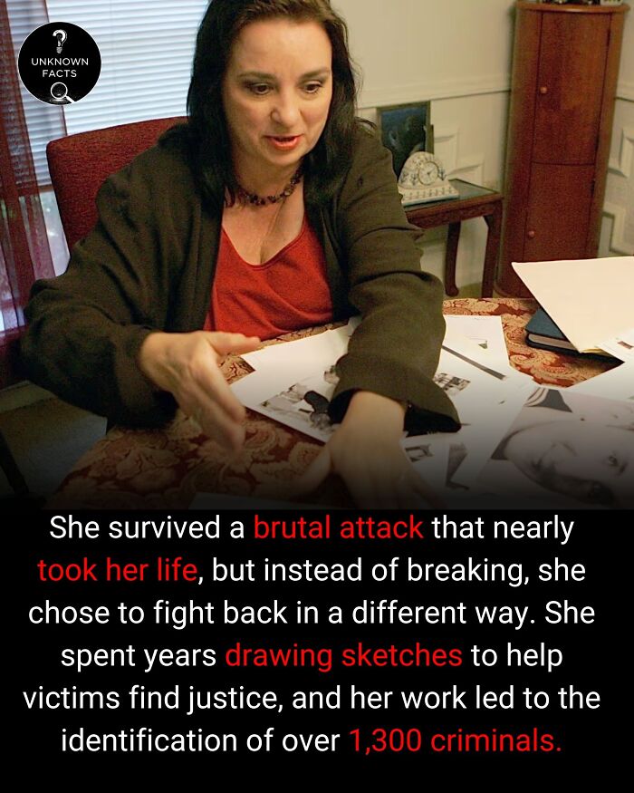 A woman discussing interesting facts about her work, using sketches to identify criminals. Inspiring stories.