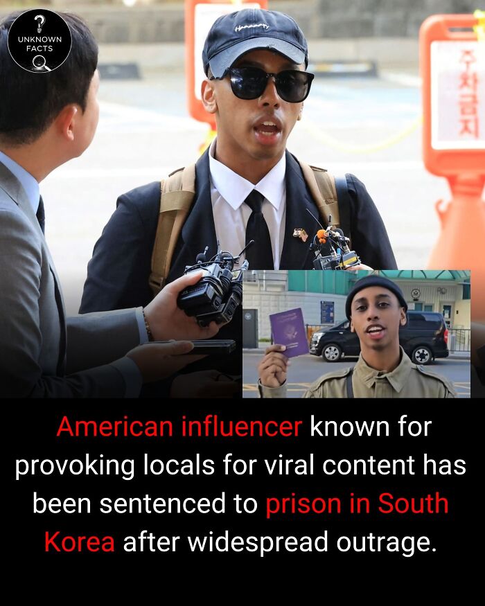 An American influencer in a suit with sunglasses, speaking; small inset of him holding a passport. Interesting facts about his prison sentence.