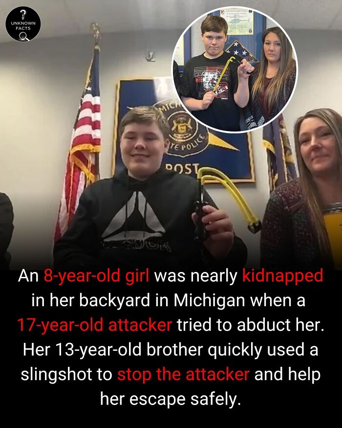 A boy holding a slingshot, with a woman next to him, representing interesting facts about a heroic rescue.