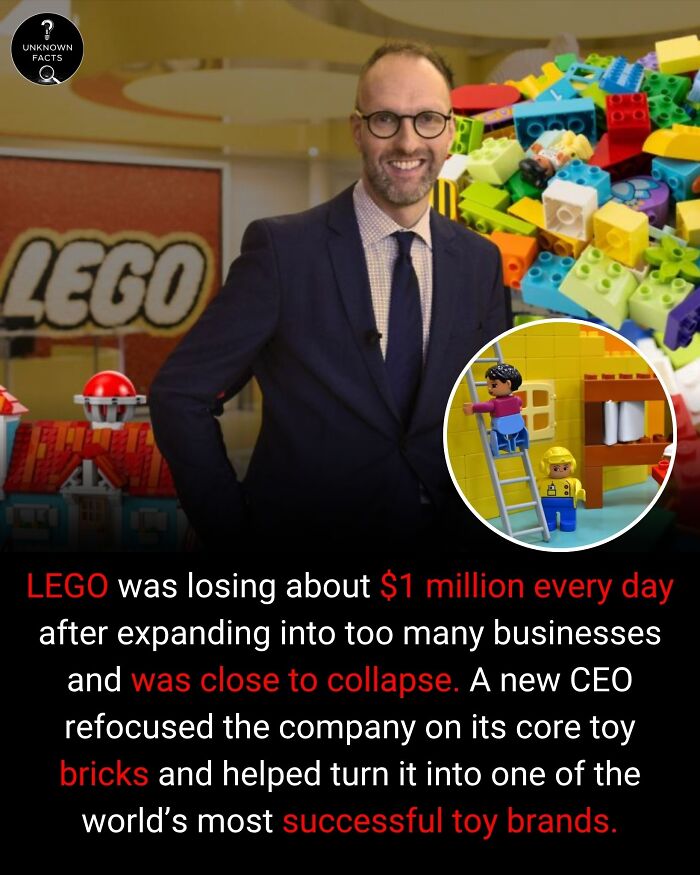 A smiling man in a suit stands before a LEGO background, sharing interesting facts about LEGO's near collapse and success.