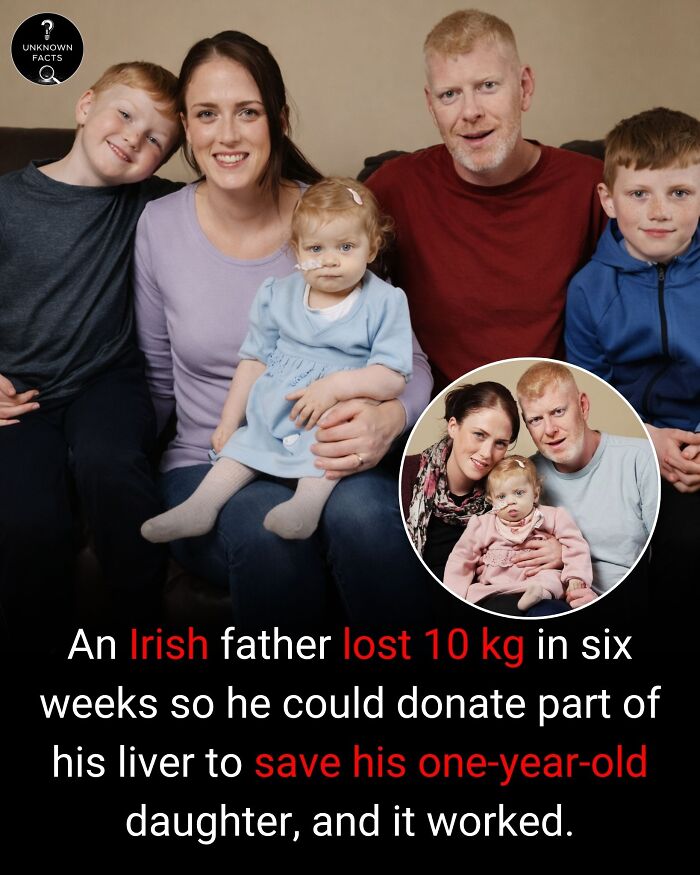 A family portrait with a mother, father, and three children. One child, a baby, has a feeding tube, showcasing interesting facts.