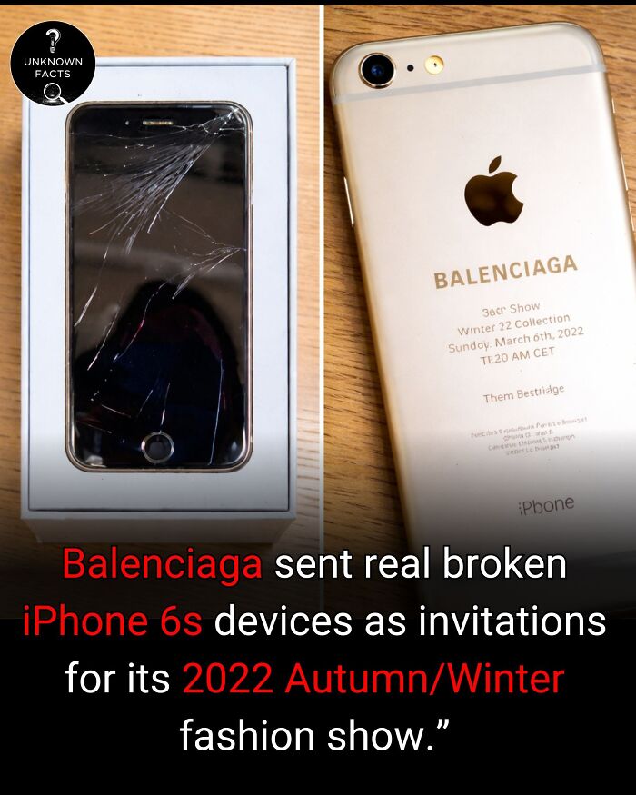 A broken iPhone 6s in a box next to another iPhone with Balenciaga invitation details, an interesting fact.