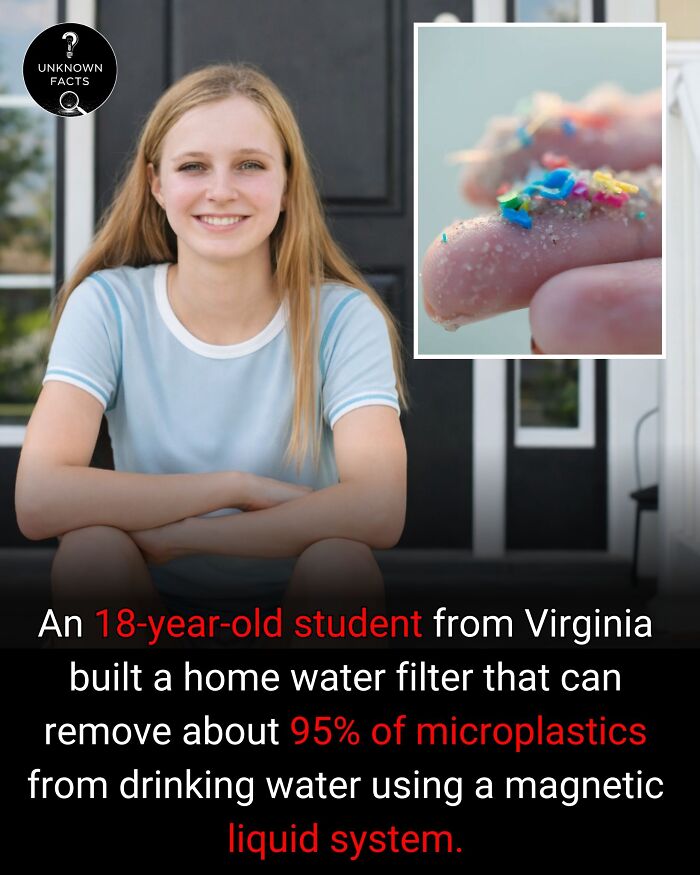 An 18-year-old student, smiling, with a close-up of microplastics on a finger, highlighting interesting facts.