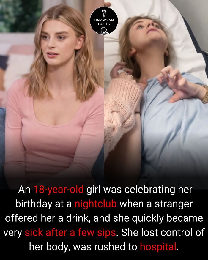 A young woman, before and after being d*****d at a nightclub, sharing an interesting fact. The SEO keyword is interesting facts.