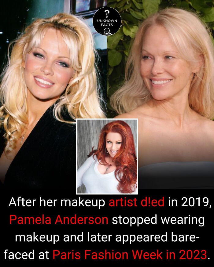 Pamela Anderson, with and without makeup, illustrating interesting facts about her decision to go bare-faced.