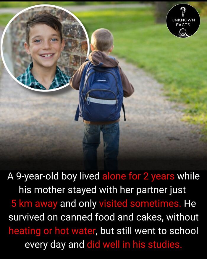 An interesting facts image: a boy with a backpack walking away, and a smiling portrait of him. Text describes his survival story.