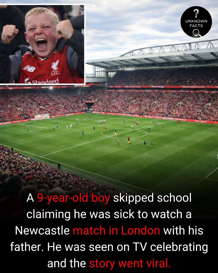 A cheering boy in a red jersey, a crowded soccer stadium, and an interesting story about a skipped school day.