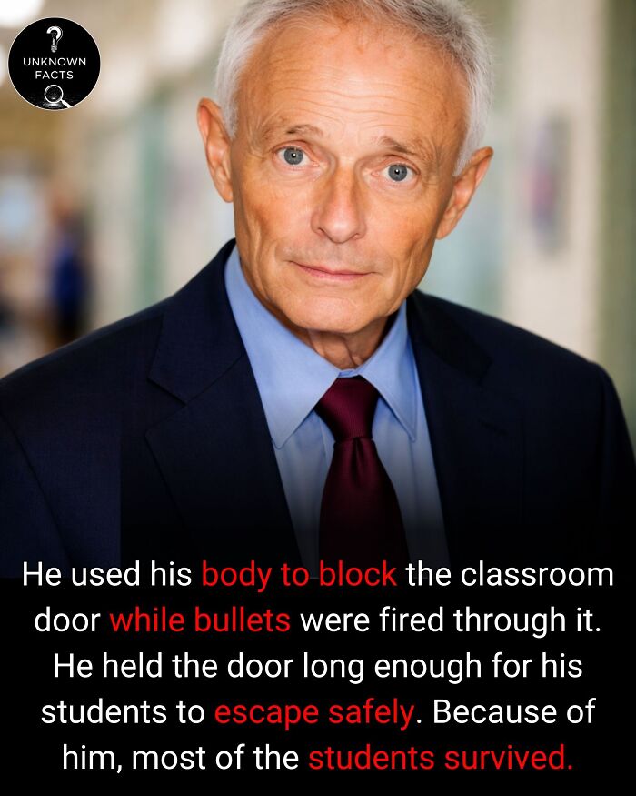 A man in a suit looks at the camera, with text about interesting facts of his bravery during a shooting.