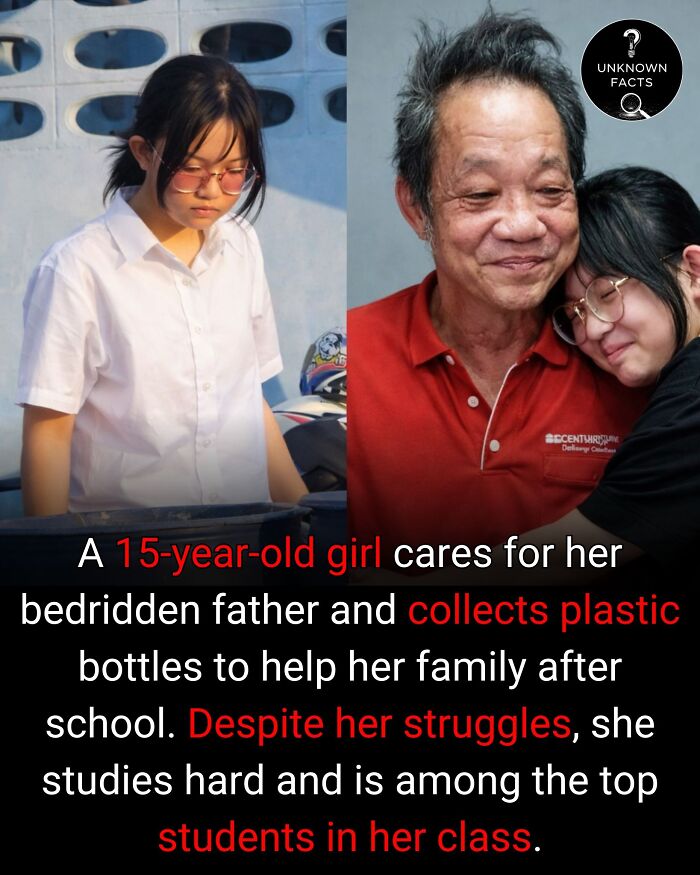 A split image shows a 15-year-old girl collecting plastic bottles and hugging her smiling father. Interesting facts.