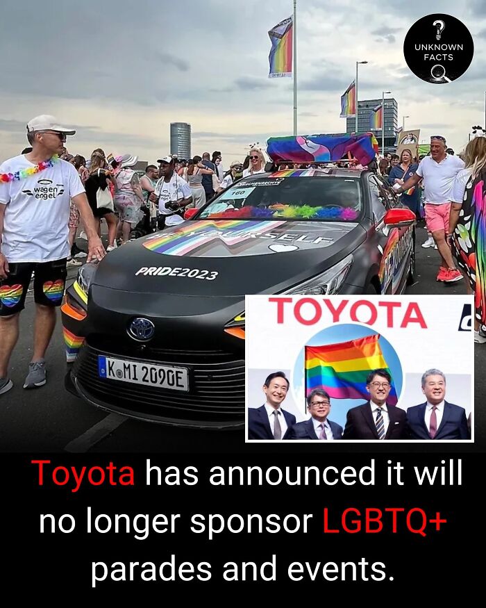 Toyota vehicle decorated for Pride 2023, surrounded by parade-goers. Features CEO photos and a statement about LGBTQ+ sponsorship, revealing interesting facts.