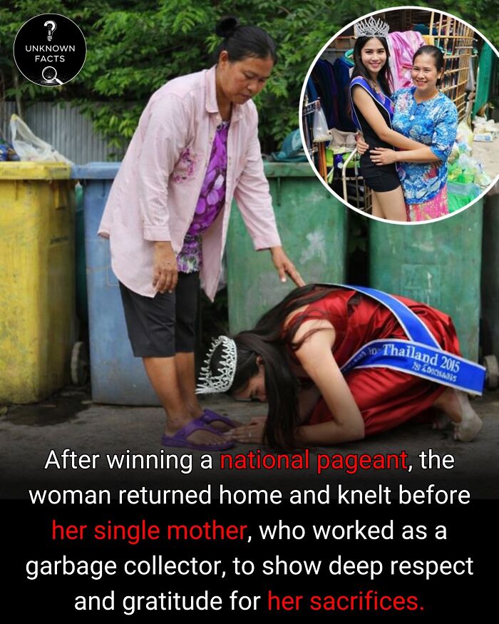 A beauty queen kneels before her mother, a garbage collector, showing gratitude; an interesting fact about respect.