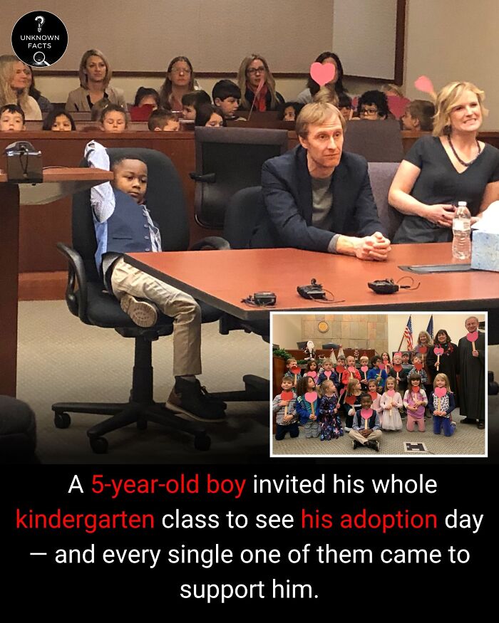 A 5-year-old boy in a courtroom, with his kindergarten class behind him, for his adoption day, an interesting fact.