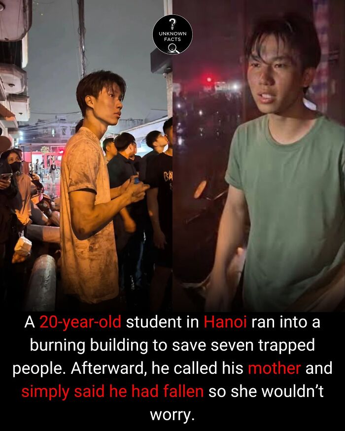 Two images of a young man, a hero, who ran into a burning building in Hanoi. An interesting fact.