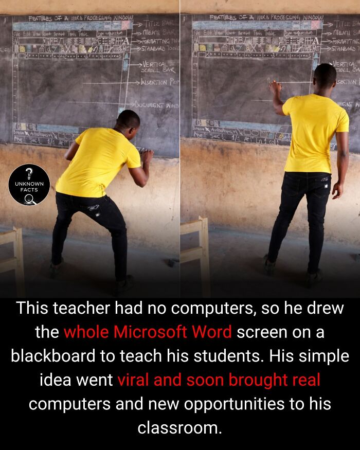 A teacher drawing a Microsoft Word screen on a blackboard to teach, an interesting fact demonstrating ingenuity.