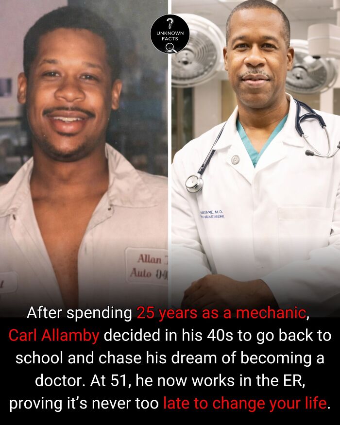Inspiring facts about Carl Allamby, mechanic turned doctor. Before/after photo. Interesting facts showcasing life changes.