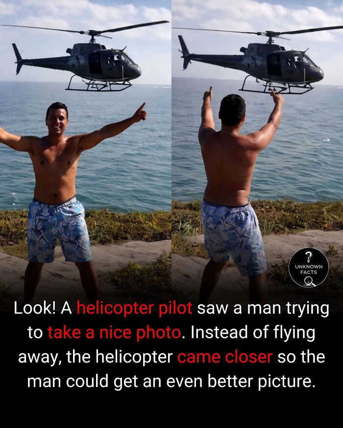 Two images of a man on a cliff by the ocean with a helicopter. An interesting fact about helpfulness.