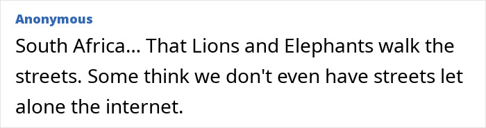 Anonymous comment about false South African stereotypes, like animals on streets or no internet, proving stereotypes about countries wrong.