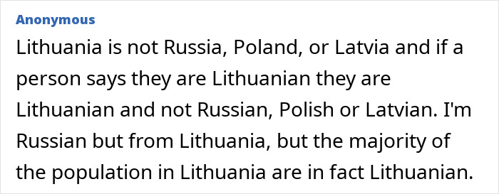 Anonymous text clarifying Lithuania's distinct identity from Russia, Poland, or Latvia, debunking stereotypes about countries that are not true.