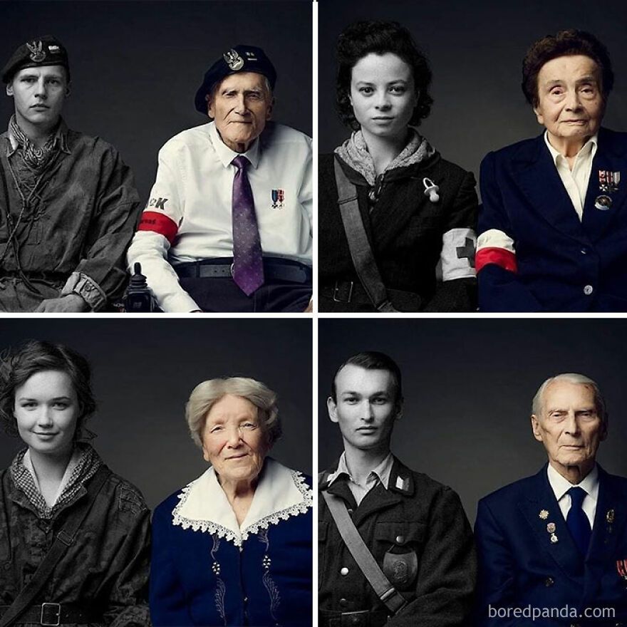 Fascinating photos contrasting young and old portraits, depicting individuals who teach about history.