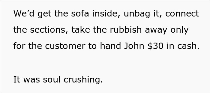 Text excerpt describing the experience of helping an overworked and underpaid friend with sofas and feeling soul crushing.