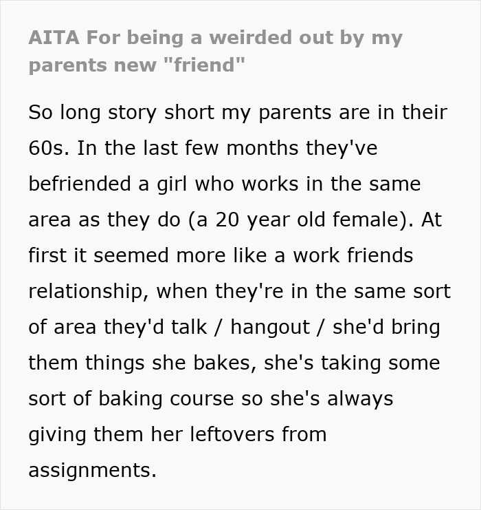 Text post about a man confronting his parents regarding their 20-year-old best friend, labeled as controlling.
