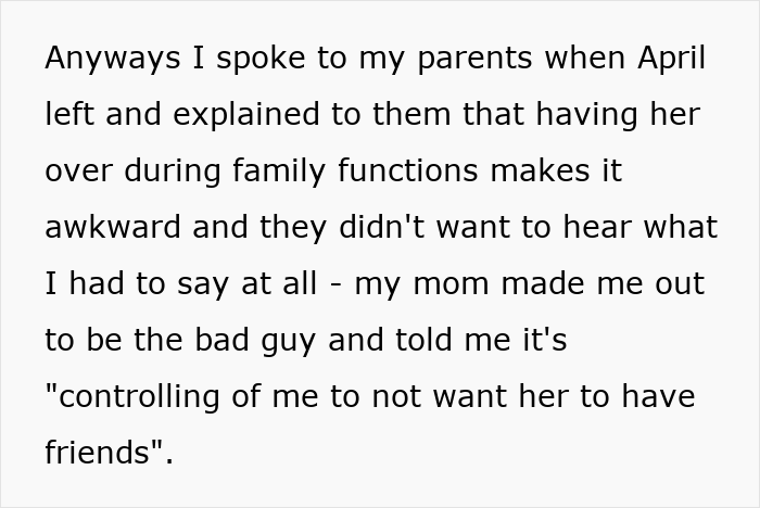 Text excerpt from a man confronting his parents about their 20-year-old best friend, being called controlling.