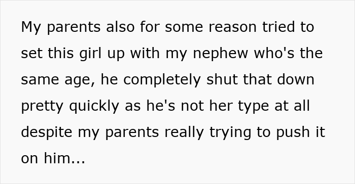 Text excerpt about a man discussing his parents trying to set up his nephew, highlighting controlling behavior concerns.